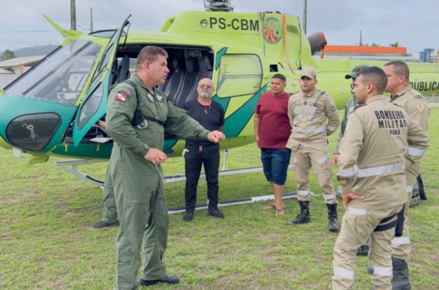 helicóptero do Graesp (Grupamento Aéreo de Segurança Pública do Pará) chega na região para ajudar nas buscas pelo jovem desaparecido nas matas do rio Paru.